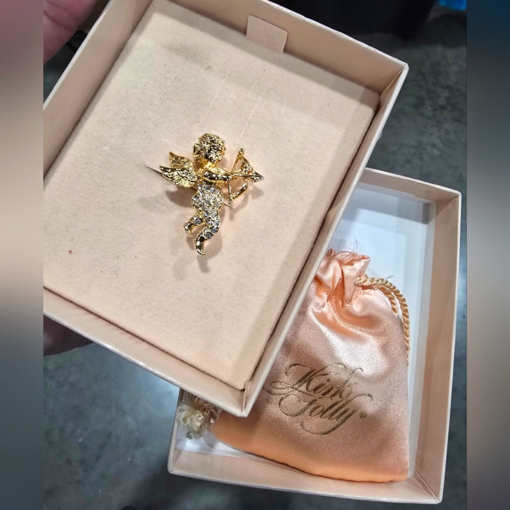 3/$50 Kirks Folly Valentines Cupid Angel Pin Rhinestone Brooch Original Box